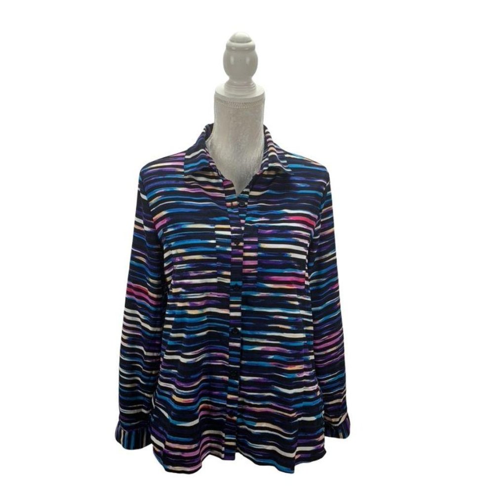 Attention Blouse Button Down Striped Split Back M - image 1